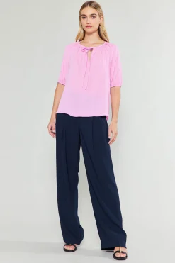 Current Air Short Sleeve Tops-Neck Tie Detailed Blouse ORCHID