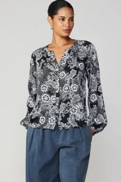 Current Air Long Sleeve Tops-Noir Floral Blouse MONOFLORAL