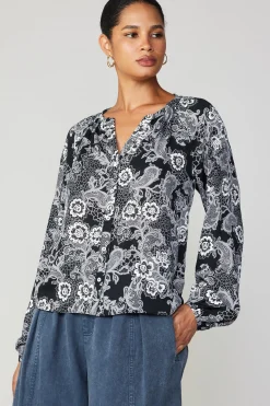 Current Air Long Sleeve Tops-Noir Floral Blouse MONOFLORAL