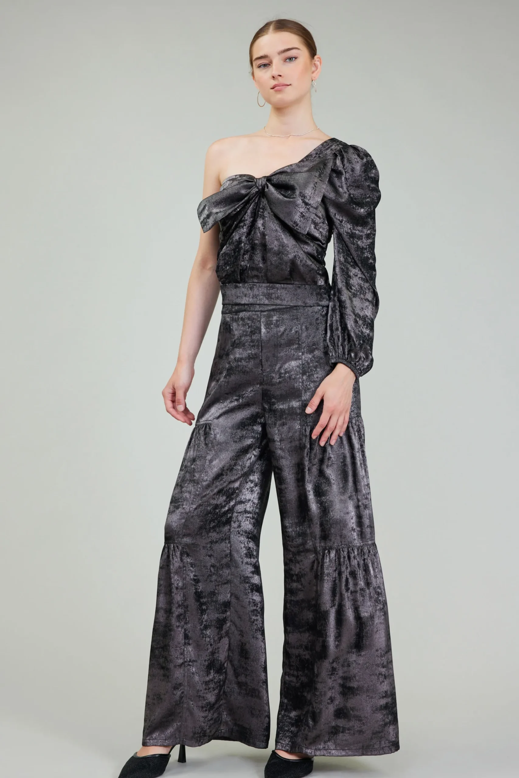 Current Air Long Sleeve Tops-One Shoulder Textured Top PLUMGUNMETAL