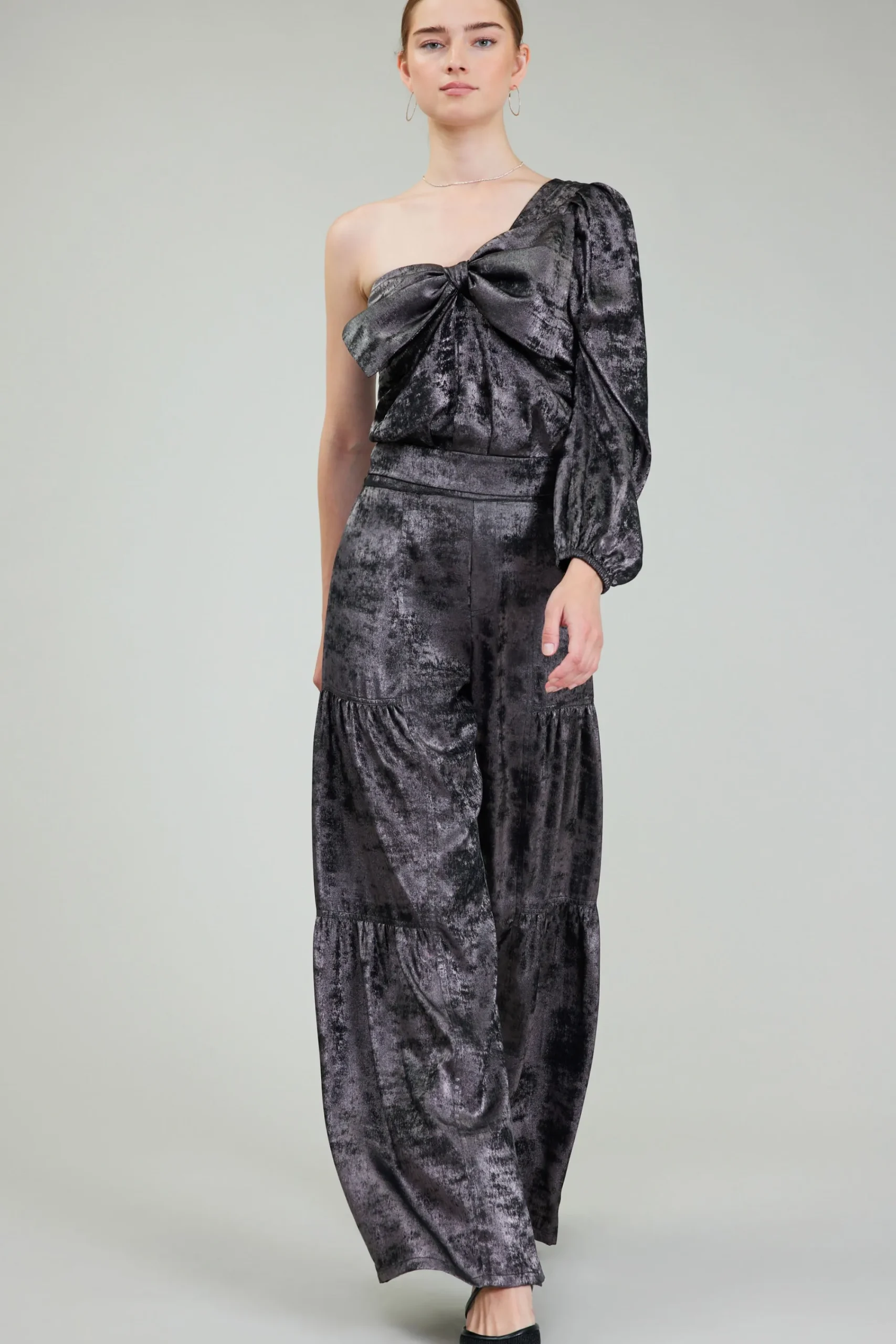 Current Air Long Sleeve Tops-One Shoulder Textured Top PLUMGUNMETAL