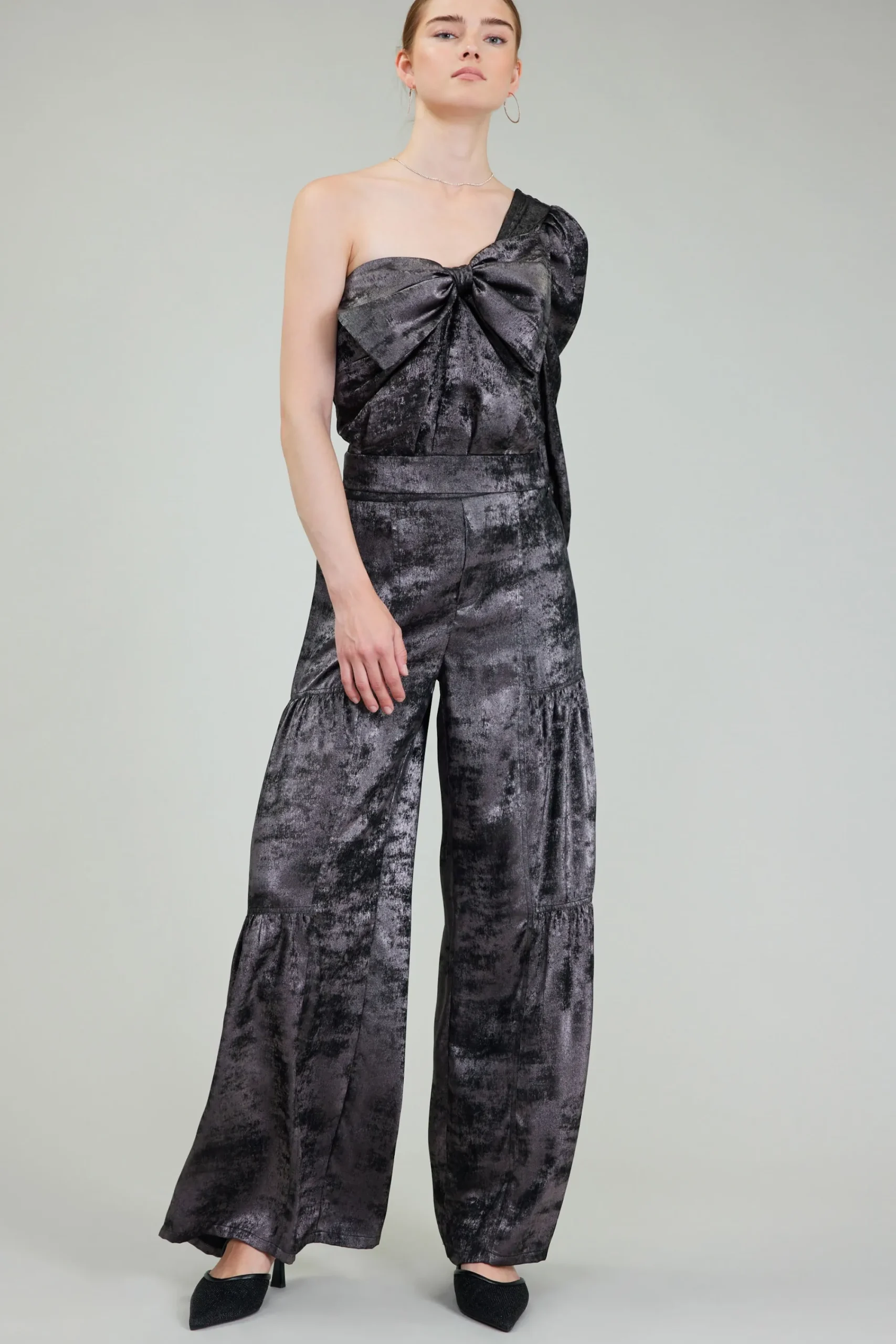 Current Air Long Sleeve Tops-One Shoulder Textured Top PLUMGUNMETAL