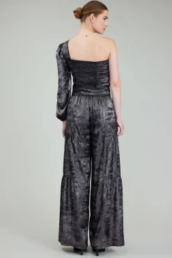 Current Air Long Sleeve Tops-One Shoulder Textured Top PLUMGUNMETAL