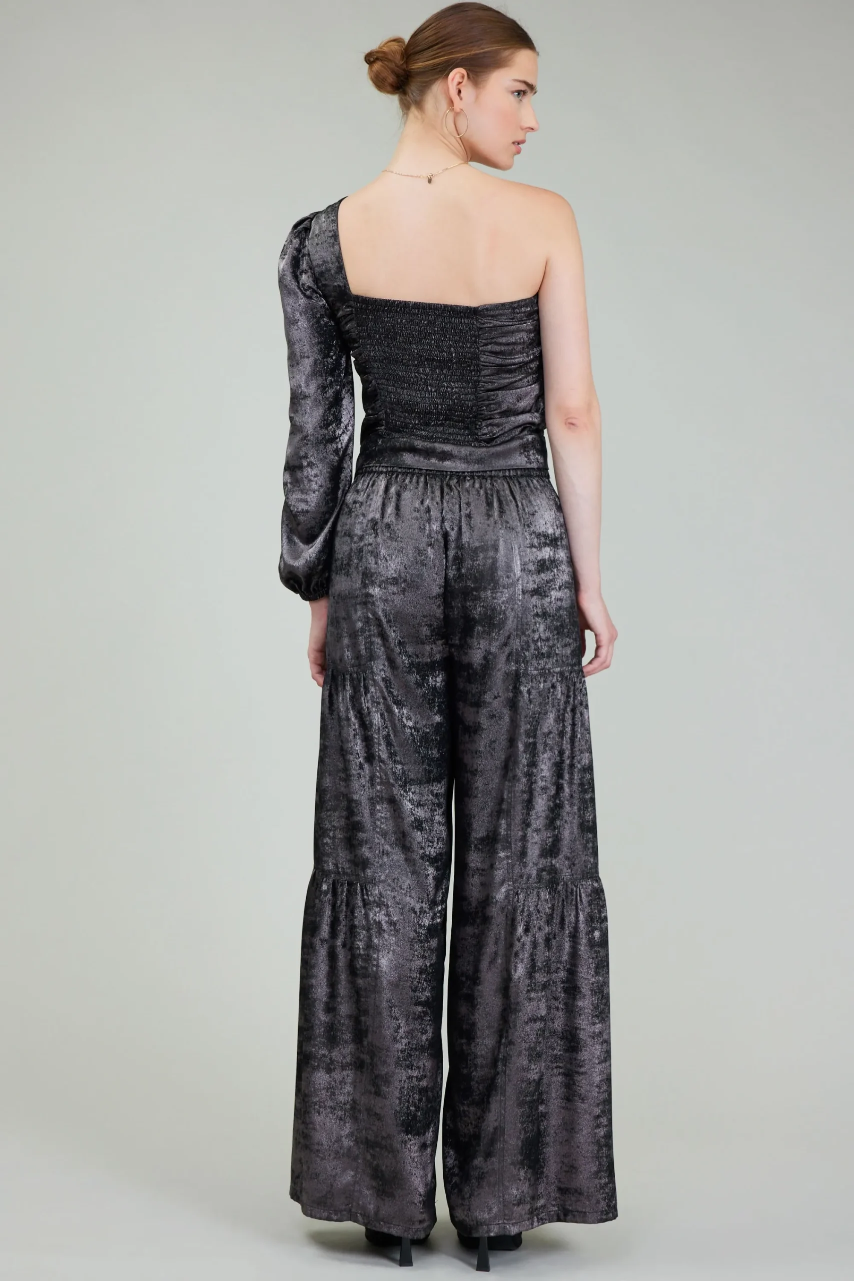 Current Air Long Sleeve Tops-One Shoulder Textured Top PLUMGUNMETAL