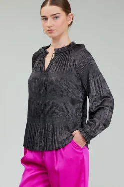 Current Air Long Sleeve Tops-Opalescent Pleated Blouse PLUMGUNMETAL