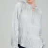 Current Air Long Sleeve Tops-Opalescent Pleated Blouse OYSTER