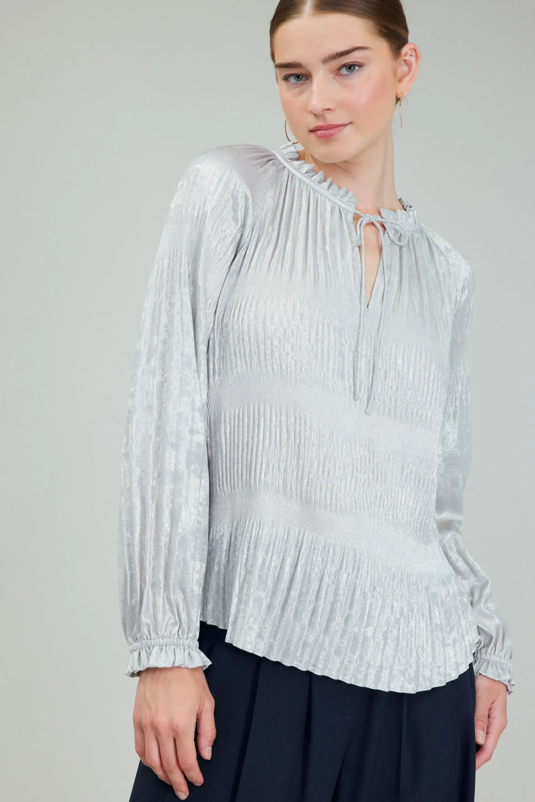 Current Air Long Sleeve Tops-Opalescent Pleated Blouse OYSTER