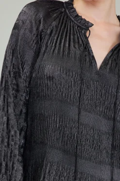 Current Air Long Sleeve Tops-Opalescent Pleated Blouse PLUMGUNMETAL