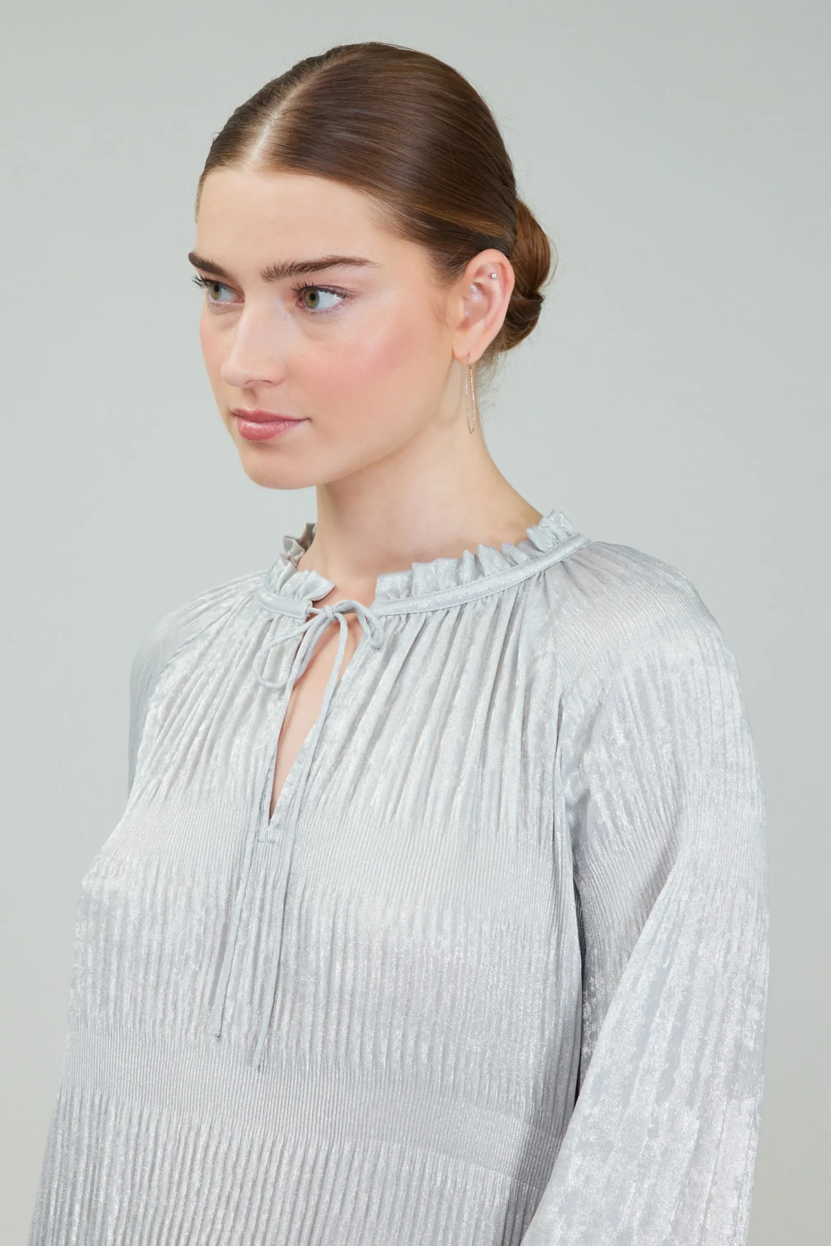 Current Air Long Sleeve Tops-Opalescent Pleated Blouse OYSTER
