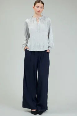 Current Air Long Sleeve Tops-Opalescent Pleated Blouse OYSTER