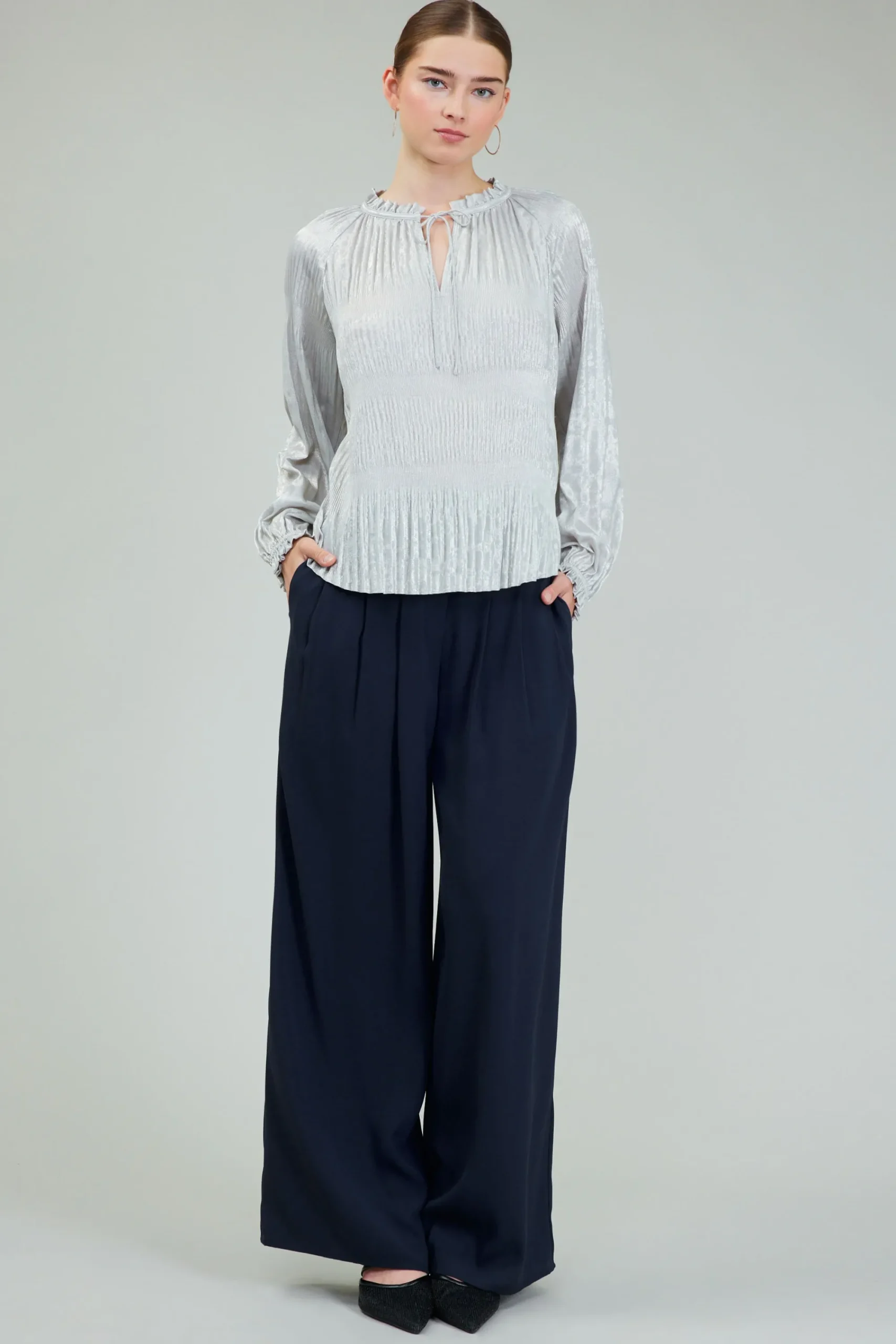 Current Air Long Sleeve Tops-Opalescent Pleated Blouse OYSTER