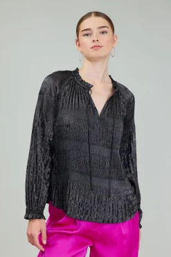 Current Air Long Sleeve Tops-Opalescent Pleated Blouse PLUMGUNMETAL