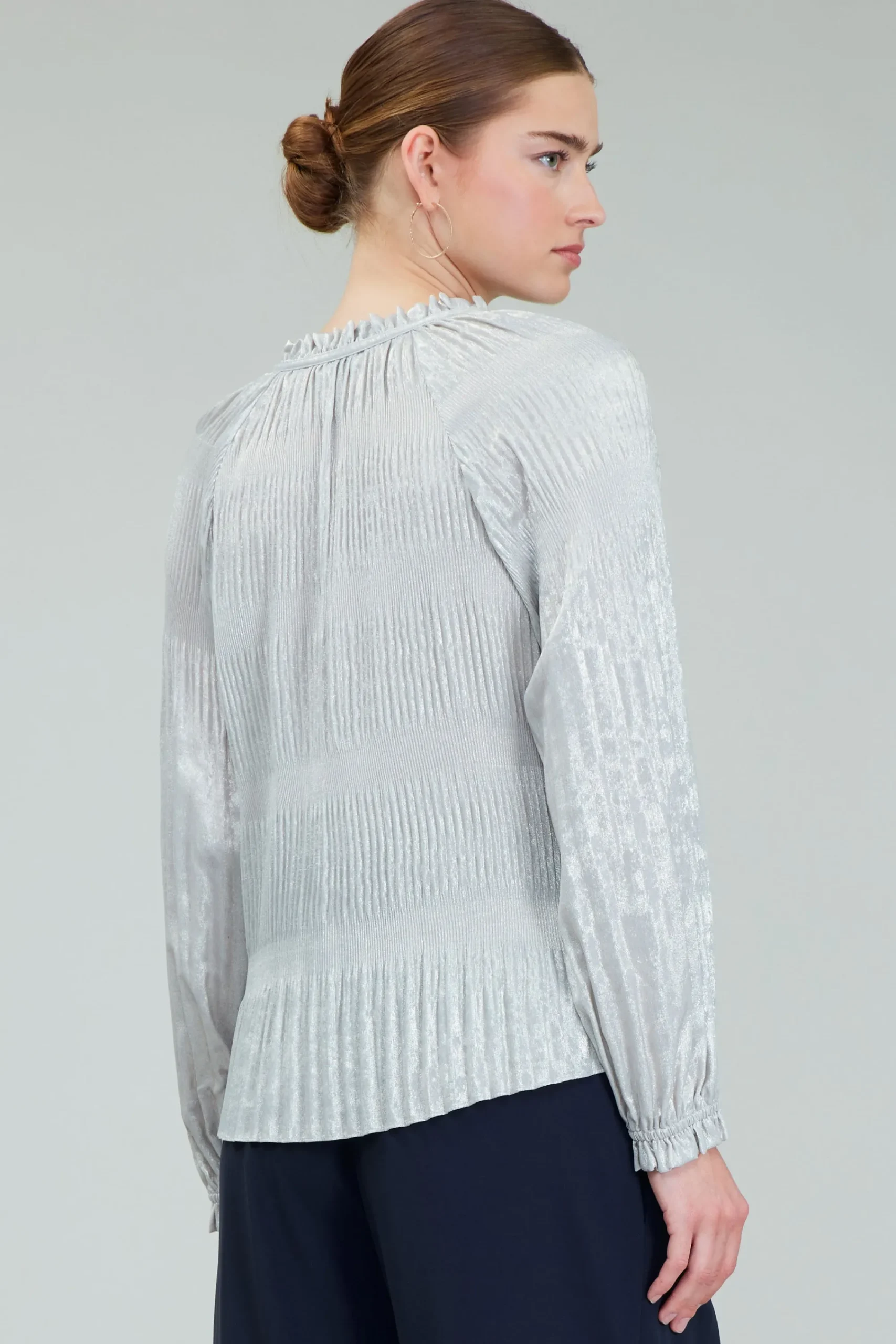 Current Air Long Sleeve Tops-Opalescent Pleated Blouse OYSTER