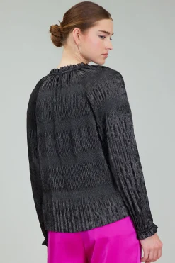 Current Air Long Sleeve Tops-Opalescent Pleated Blouse PLUMGUNMETAL