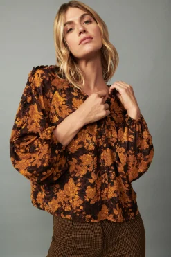 Current Air Long Sleeve Tops-Orange Picot Stitch Blouse BROWNORANGEFLORAL