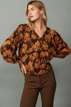Current Air Long Sleeve Tops-Orange Picot Stitch Blouse BROWNORANGEFLORAL