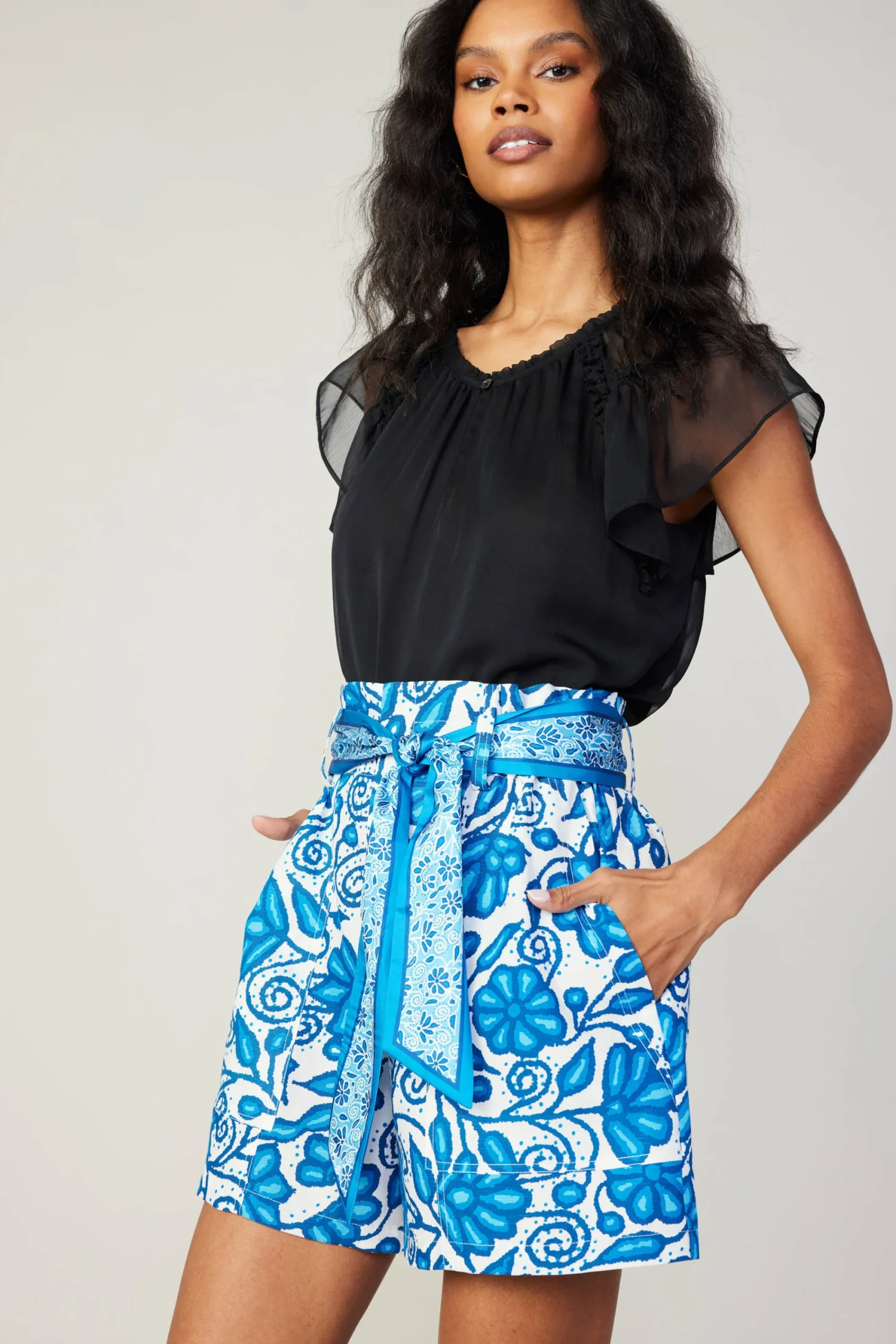 Current Air Shorts-Painterly Floral Belted Shorts BLUEMLT