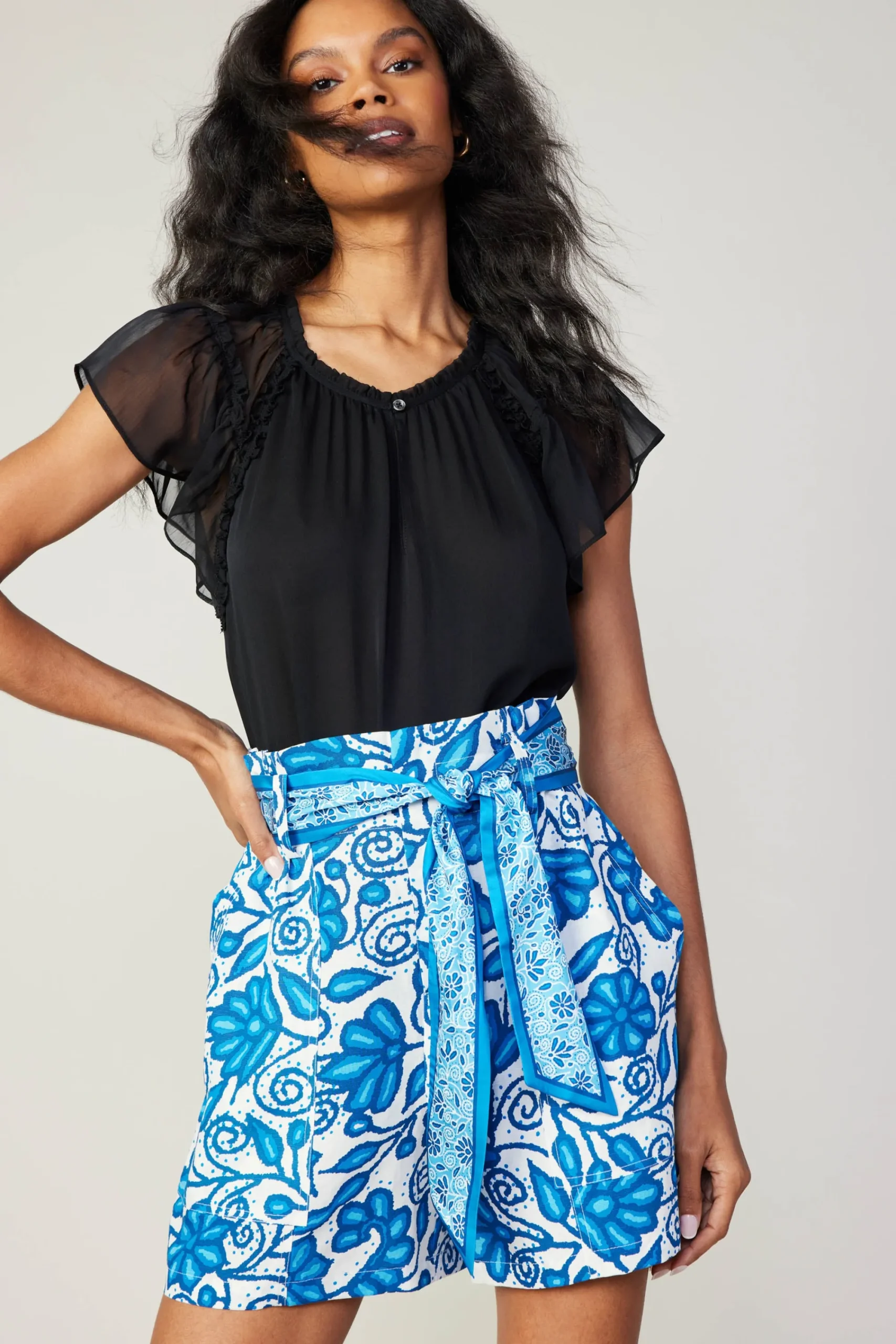 Current Air Shorts-Painterly Floral Belted Shorts BLUEMLT