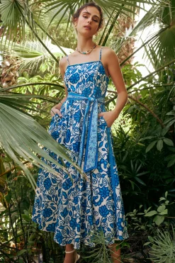 Current Air Midi Dresses-Painterly Floral Midi Dress BLUEMLT