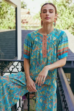 Current Air Short Sleeve Tops-Paisley Border Print Top BLUEORANGE