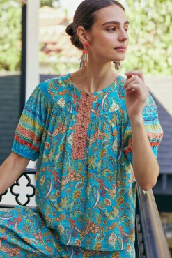 Current Air Short Sleeve Tops-Paisley Border Print Top BLUEORANGE