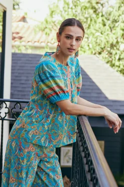 Current Air Short Sleeve Tops-Paisley Border Print Top BLUEORANGE