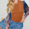 Current Air Knitwear | Sweaters-Paisley Contrast Sleeve Knit Top RUSTNAVY