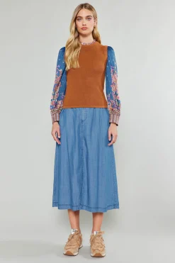 Current Air Knitwear | Sweaters-Paisley Contrast Sleeve Knit Top RUSTNAVY