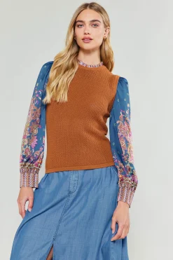 Current Air Knitwear | Sweaters-Paisley Contrast Sleeve Knit Top RUSTNAVY