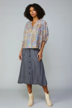 Current Air Long Sleeve Tops-Paisley Motif Button Blouse MLT
