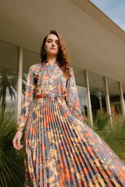 Current Air Maxi Dresses-Paisley Pleated Maxi Dress ORANGEPAISLEY