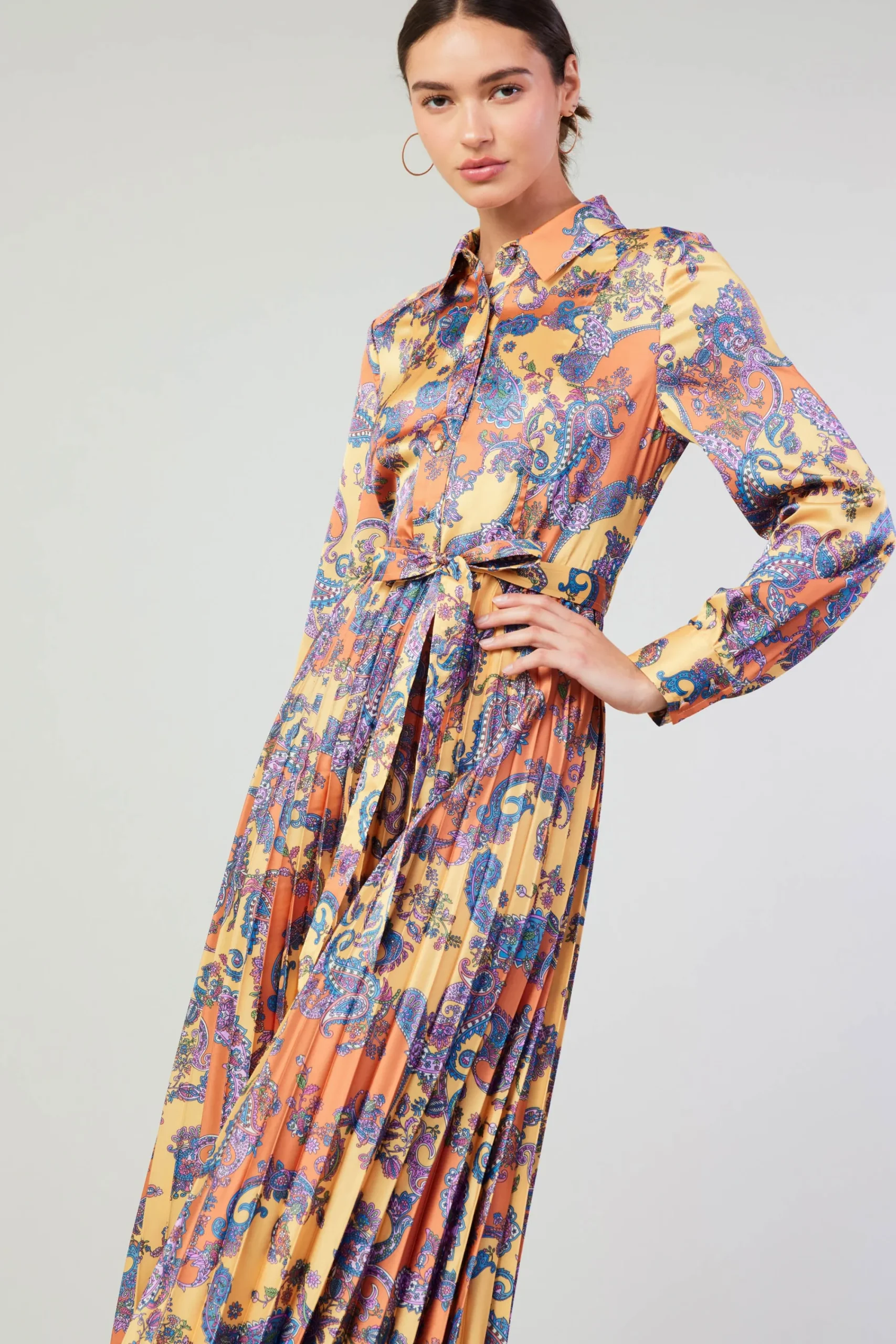 Current Air Maxi Dresses-Paisley Pleated Maxi Dress ORANGEPAISLEY