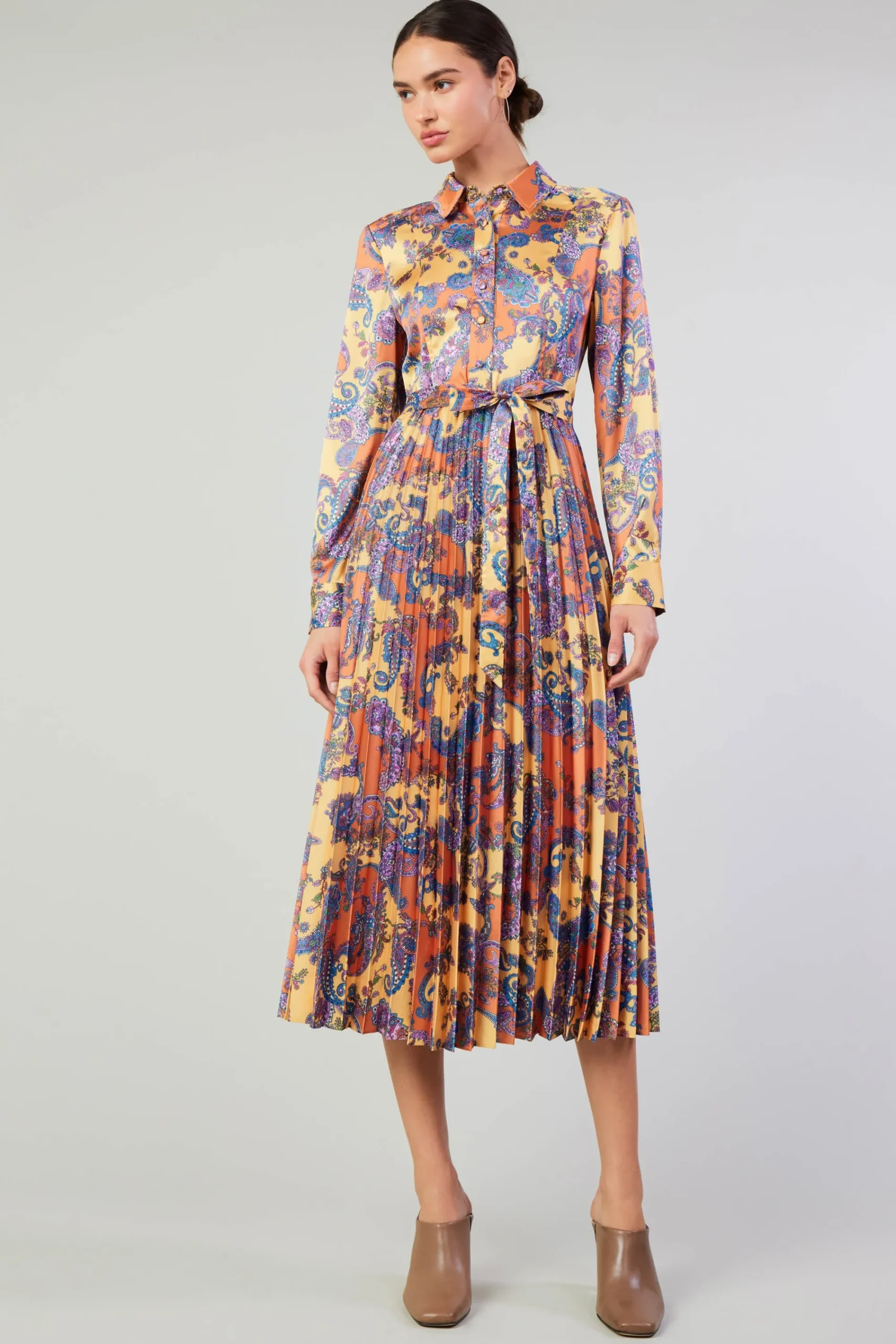 Current Air Maxi Dresses-Paisley Pleated Maxi Dress ORANGEPAISLEY