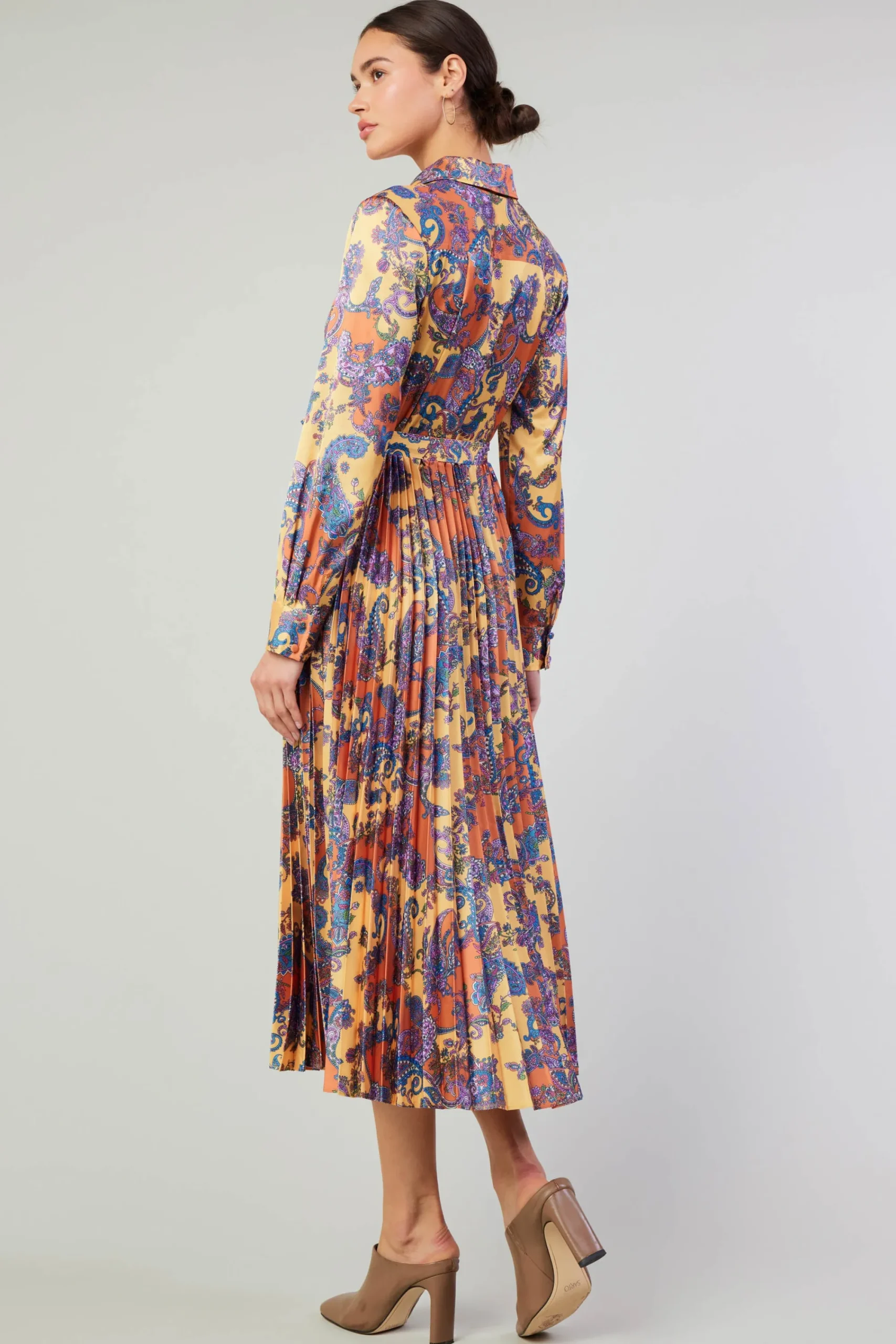 Current Air Maxi Dresses-Paisley Pleated Maxi Dress ORANGEPAISLEY