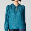 Current Air Long Sleeve Tops-Paisley Split Neck Blouse DEEPTEAL