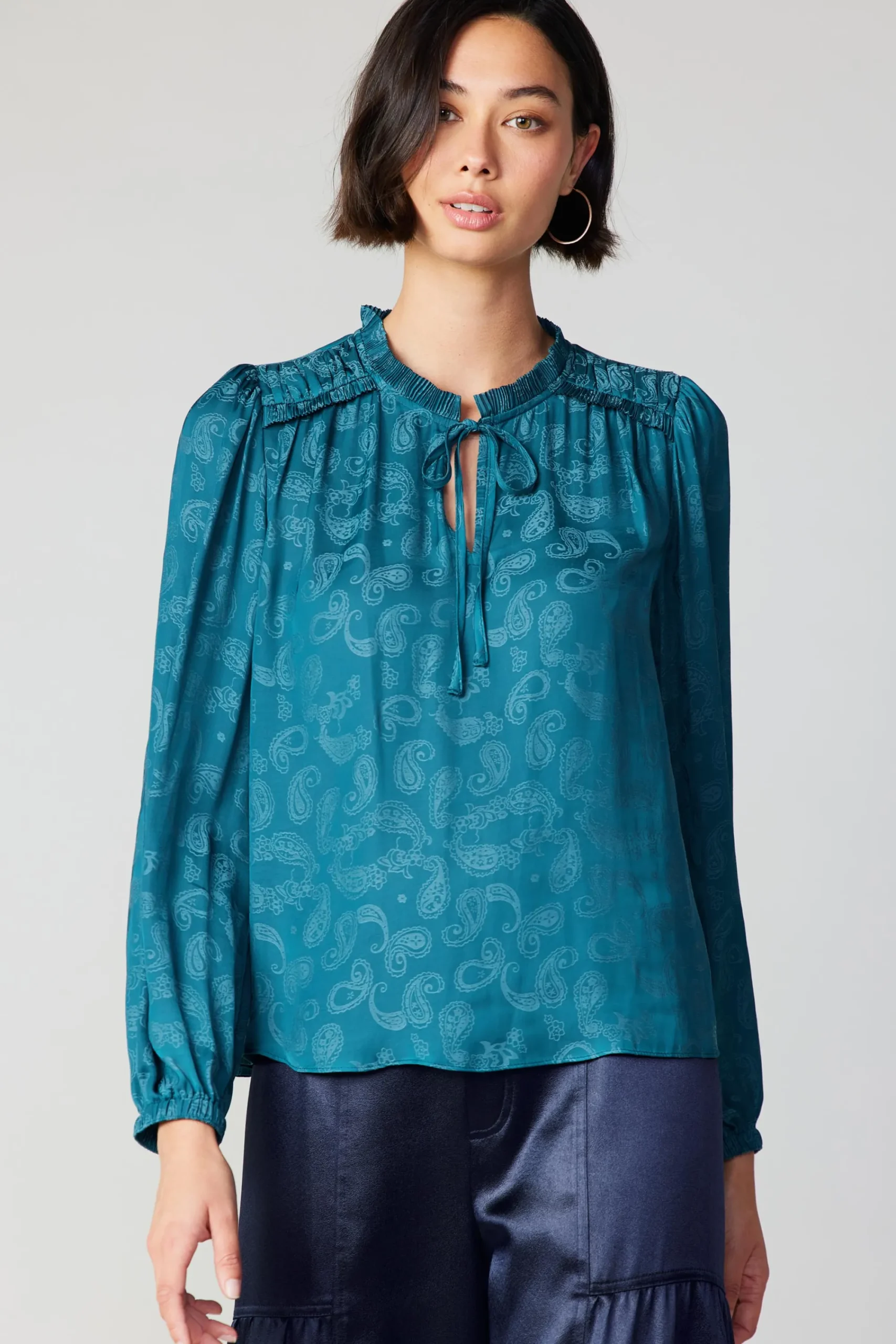 Current Air Long Sleeve Tops-Paisley Split Neck Blouse DEEPTEAL