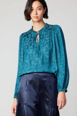 Current Air Long Sleeve Tops-Paisley Split Neck Blouse DEEPTEAL