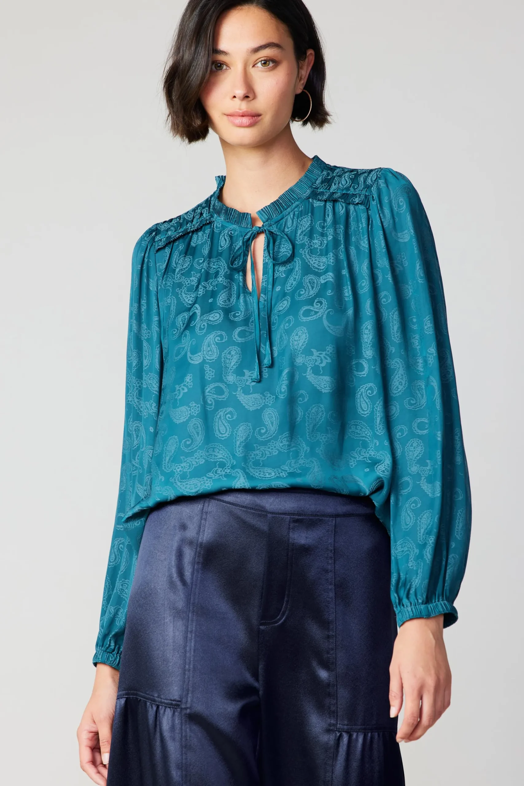 Current Air Long Sleeve Tops-Paisley Split Neck Blouse DEEPTEAL