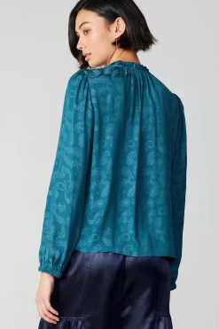 Current Air Long Sleeve Tops-Paisley Split Neck Blouse DEEPTEAL
