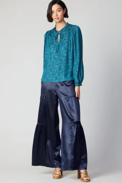 Current Air Long Sleeve Tops-Paisley Split Neck Blouse DEEPTEAL