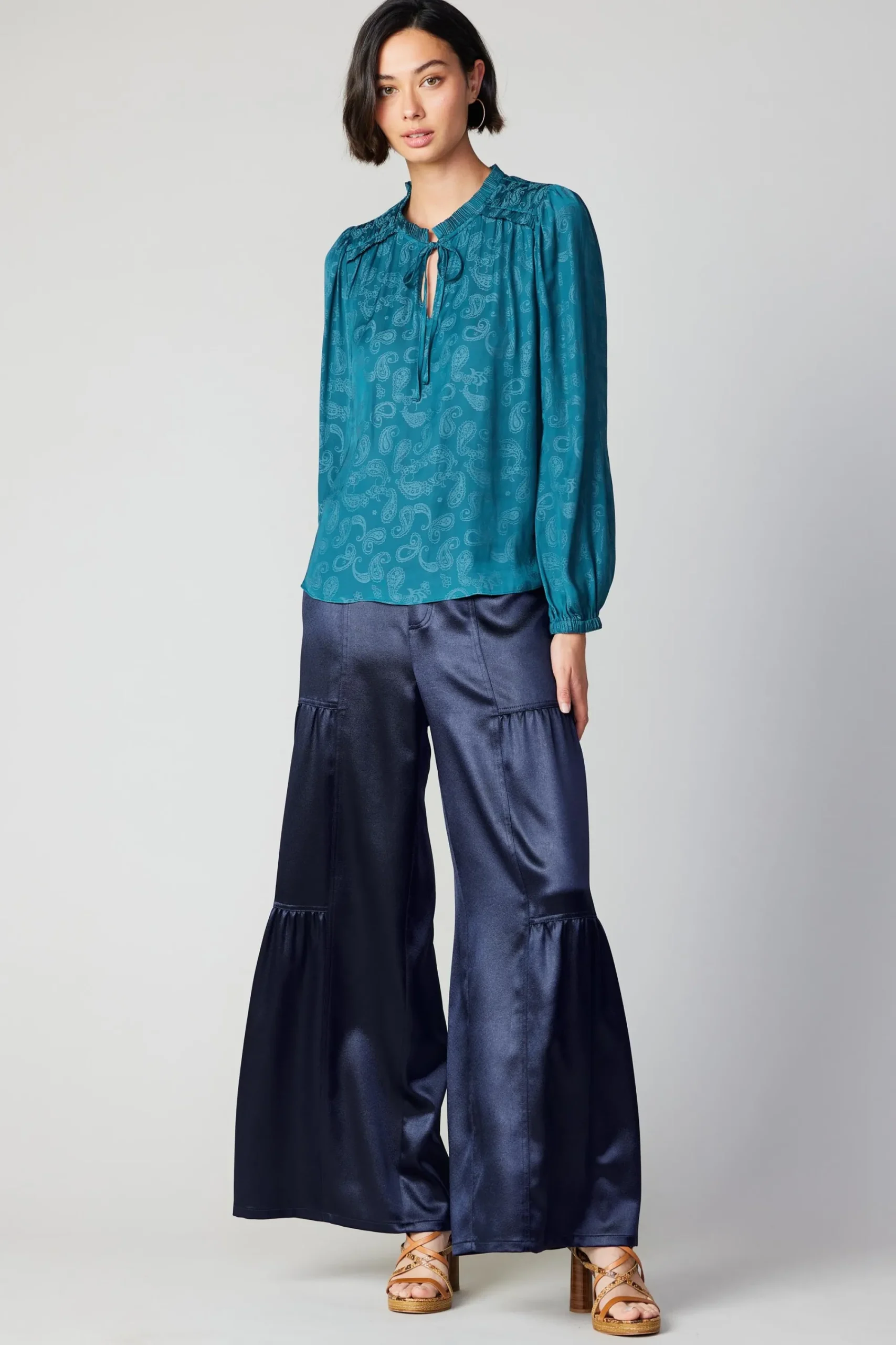Current Air Long Sleeve Tops-Paisley Split Neck Blouse DEEPTEAL