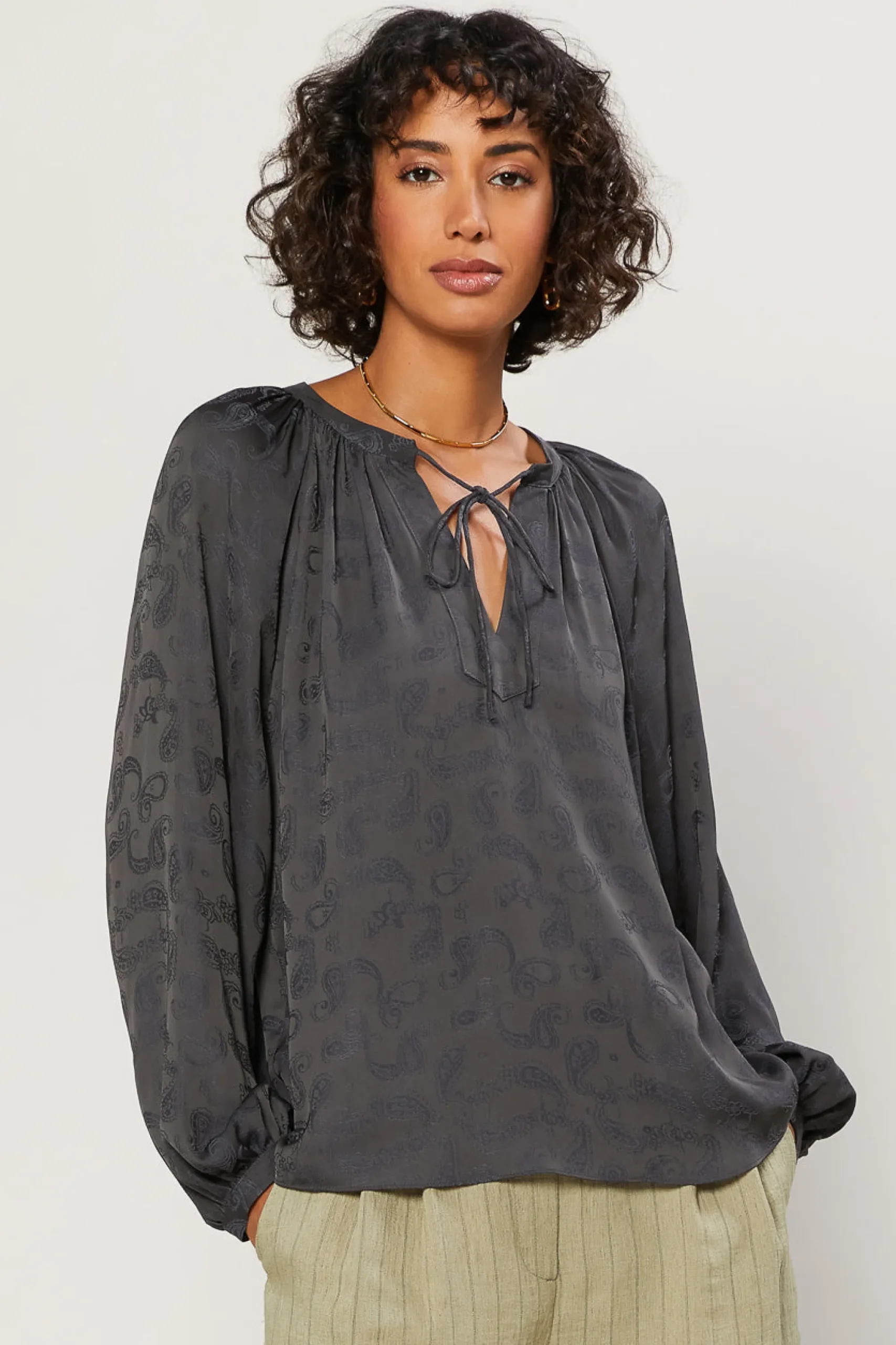 Current Air Long Sleeve Tops-Paisley Split Neck Top CHARCOAL