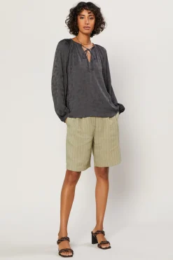 Current Air Long Sleeve Tops-Paisley Split Neck Top CHARCOAL