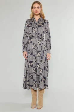 Current Air Midi Dresses-Paneled Buttonup Dress BLACKTAUPEMLT