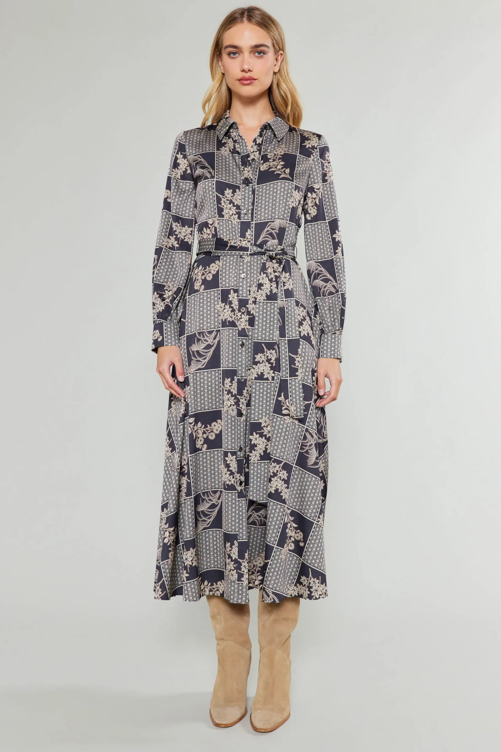 Current Air Midi Dresses-Paneled Buttonup Dress BLACKTAUPEMLT