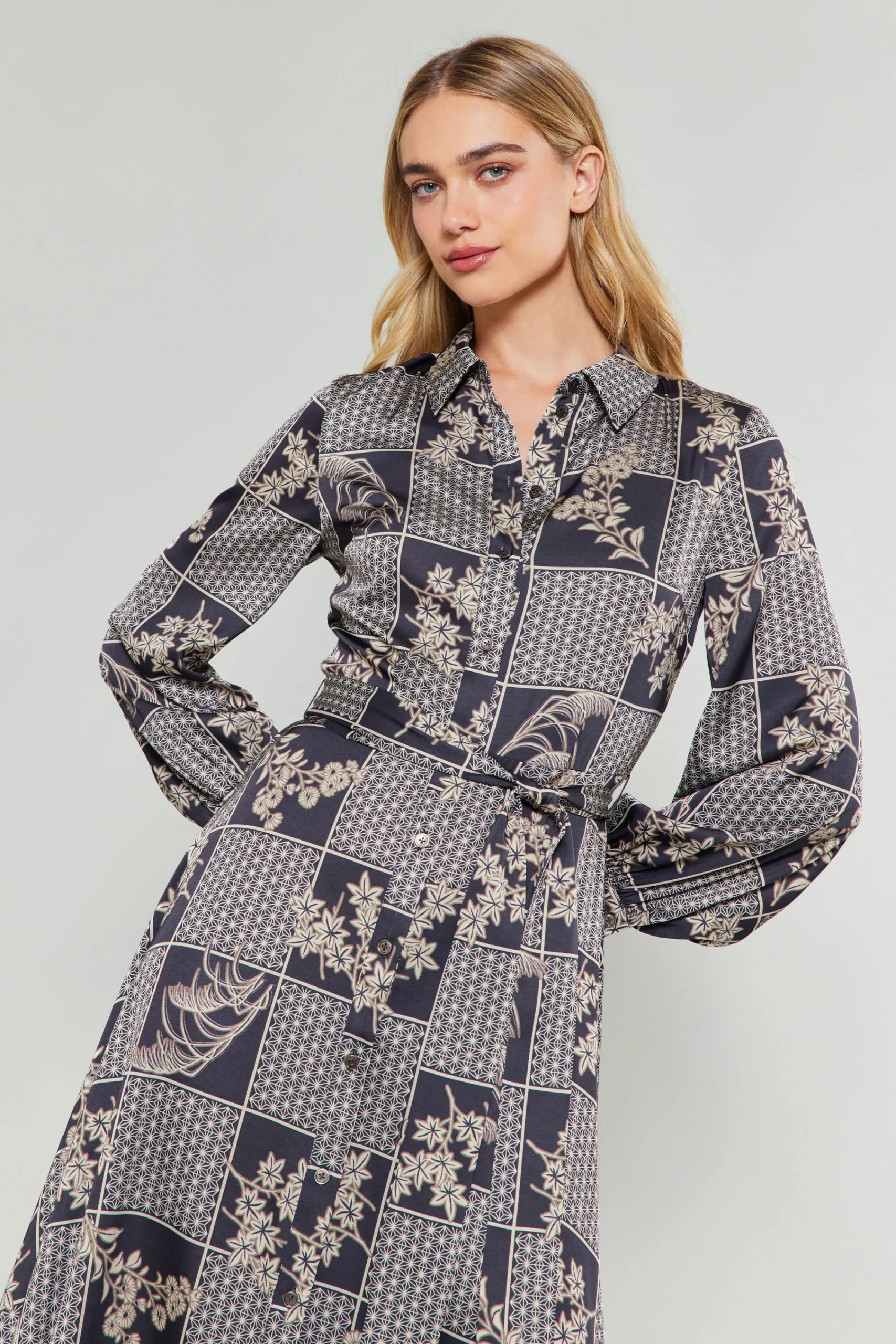 Current Air Midi Dresses-Paneled Buttonup Dress BLACKTAUPEMLT