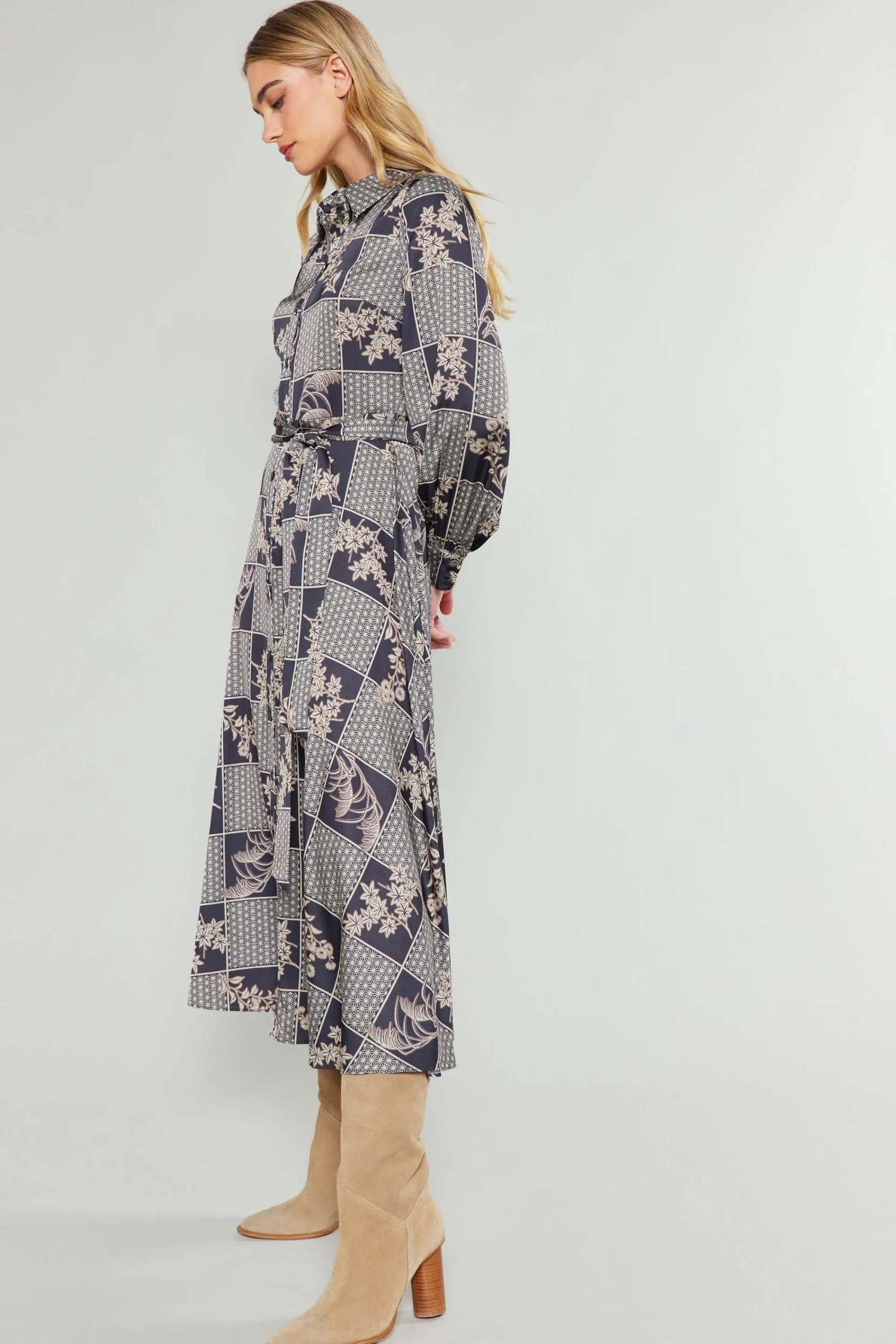 Current Air Midi Dresses-Paneled Buttonup Dress BLACKTAUPEMLT