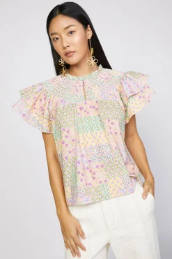 Current Air Short Sleeve Tops-Patchwork Flutter Sleeve Top MULTI