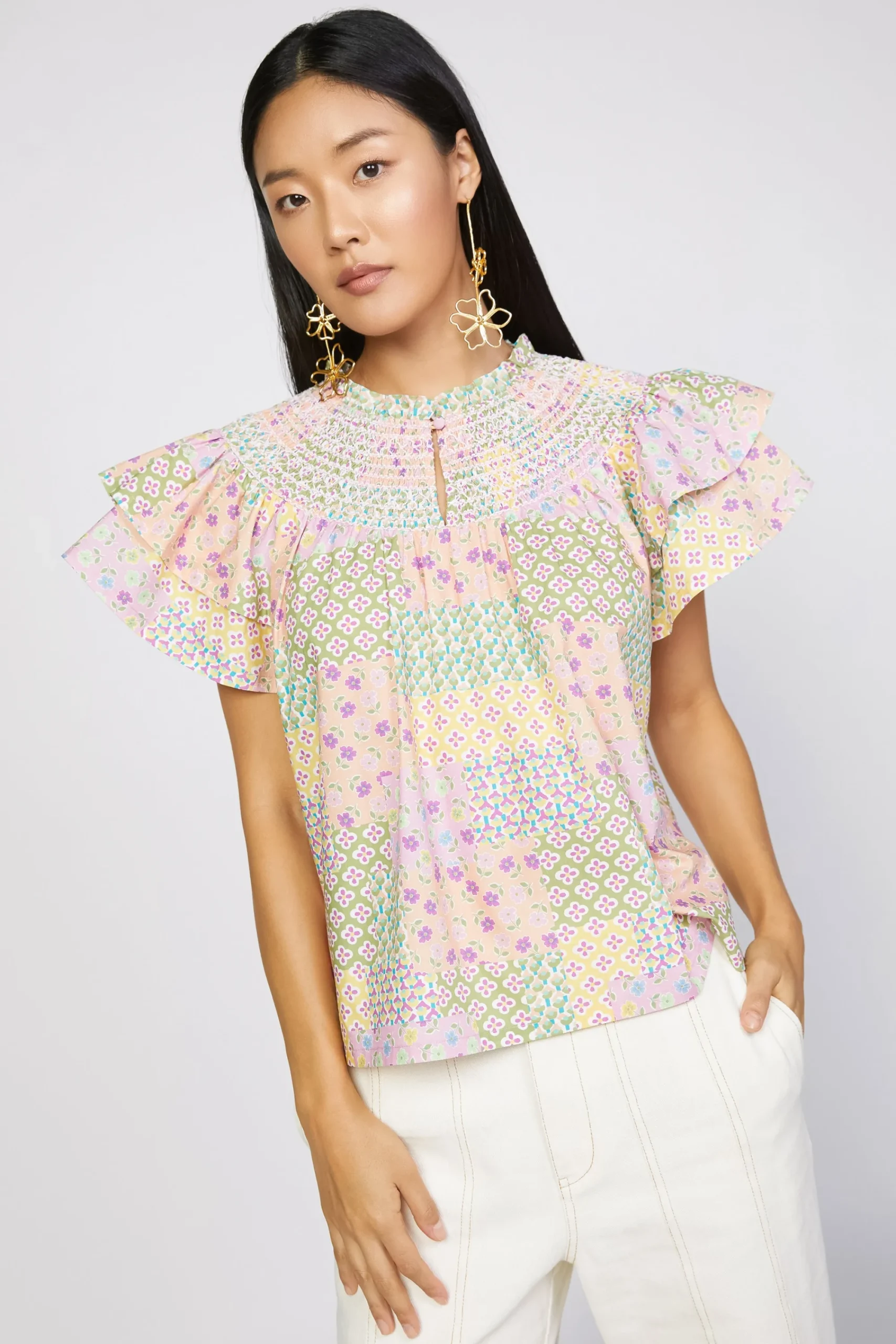 Current Air Short Sleeve Tops-Patchwork Flutter Sleeve Top MULTI