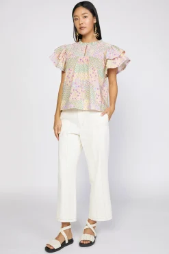 Current Air Short Sleeve Tops-Patchwork Flutter Sleeve Top MULTI